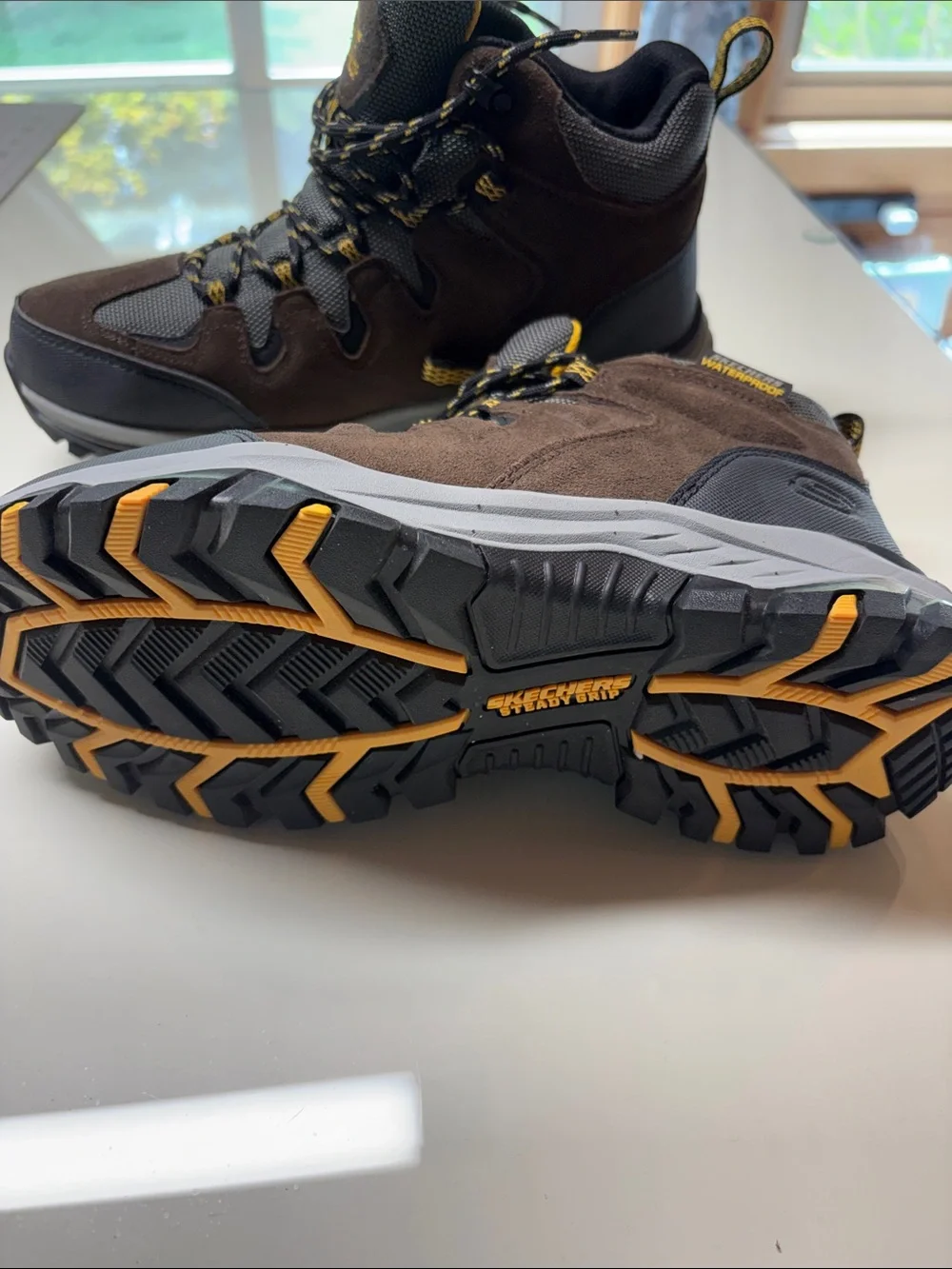 Skechers Men's Waterproof Outdoor Hiker Boots - Brown with Yellow Accents